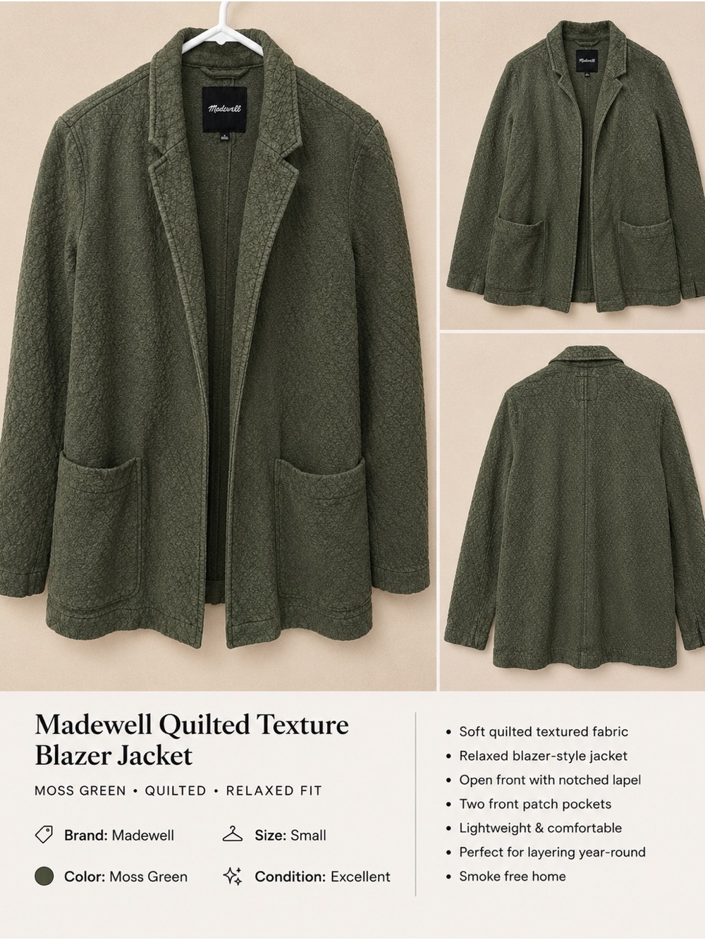 Madewell Moss Green Quilted Blazer Jacket